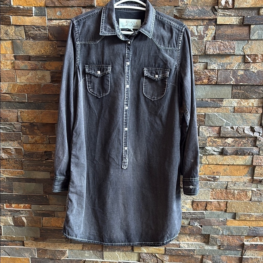 Ryan Michael Western Black Denim Wash 3/4 Long Sleeve Shirt Dress Snap button